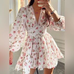Full Size Floral V-Neck Long Sleeve Mini Dress Plus Size